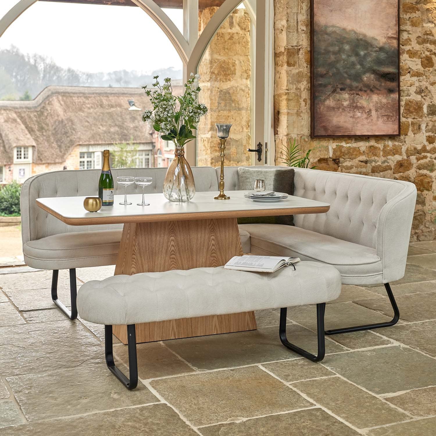 Sutton 160cm Dining Table - Ash with Frampton Corner Bench LHF & Flat Bench in White