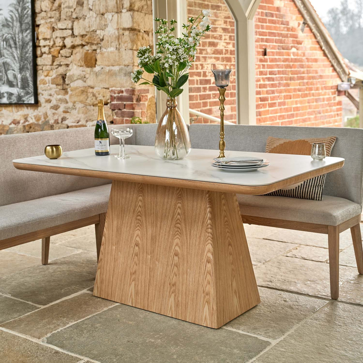 Sutton 160cm Dining Table - Ash with Hampton Corner Bench in Grey LHF