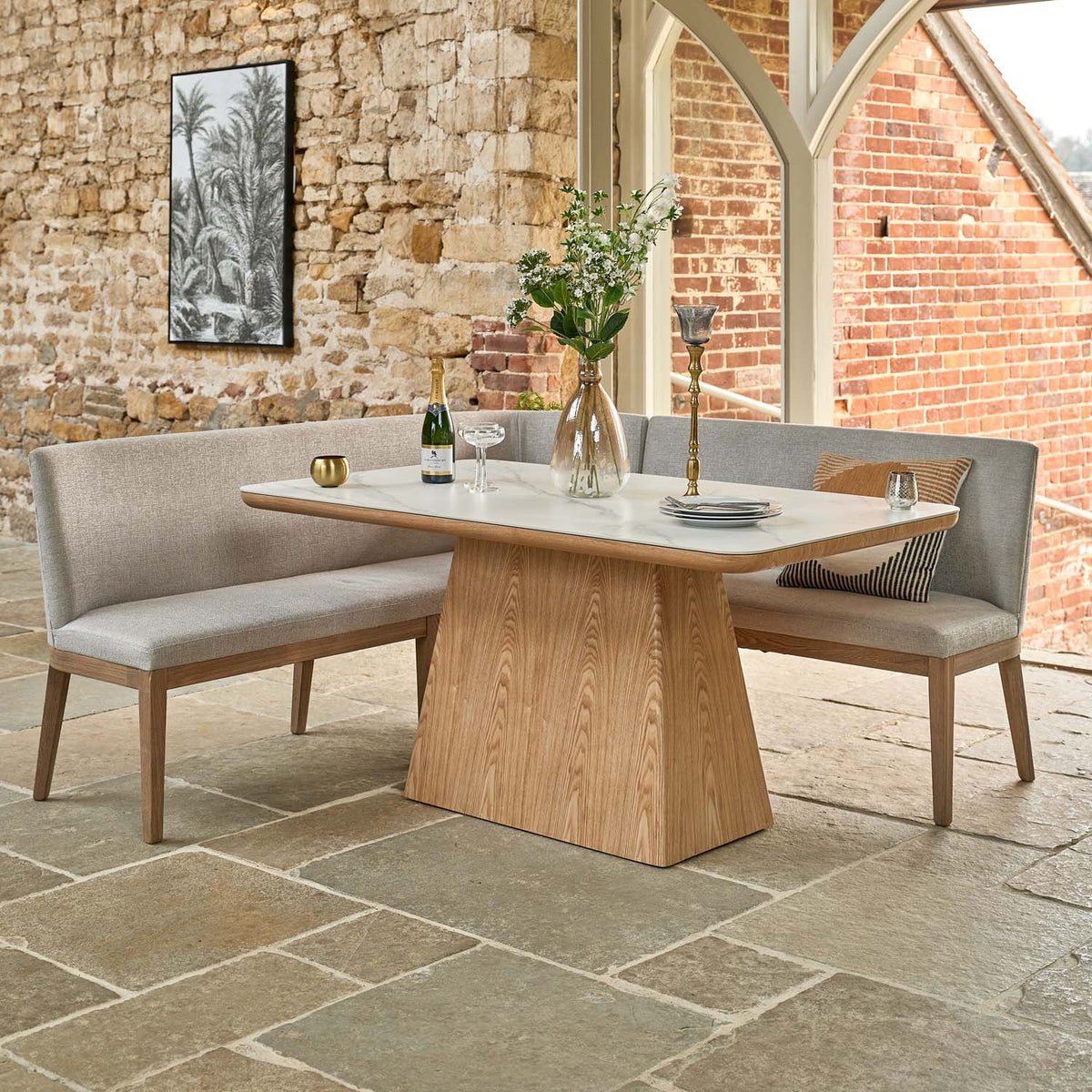 Sutton 160cm Dining Table - Ash with Hampton Corner Bench in Grey LHF