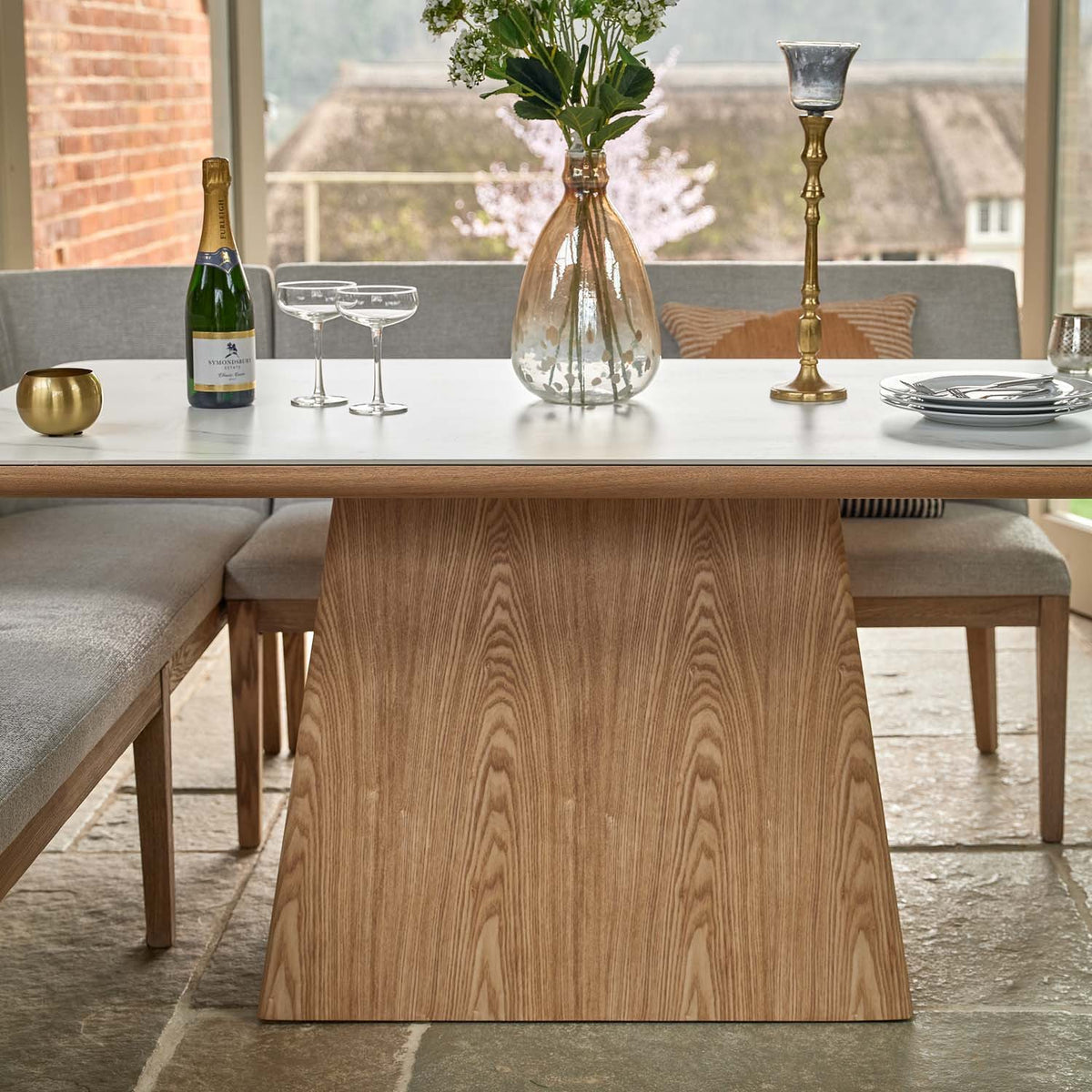 Sutton 160cm Dining Table - Ash with Hampton Corner Bench in Grey RHF