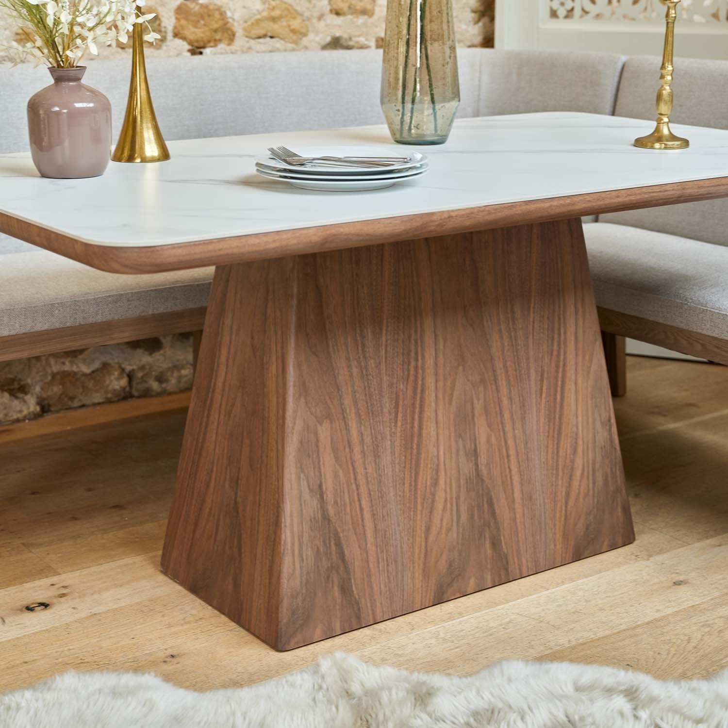 Sutton 160cm Dining Table - Walnut with Hampton Corner Bench in Grey LHF