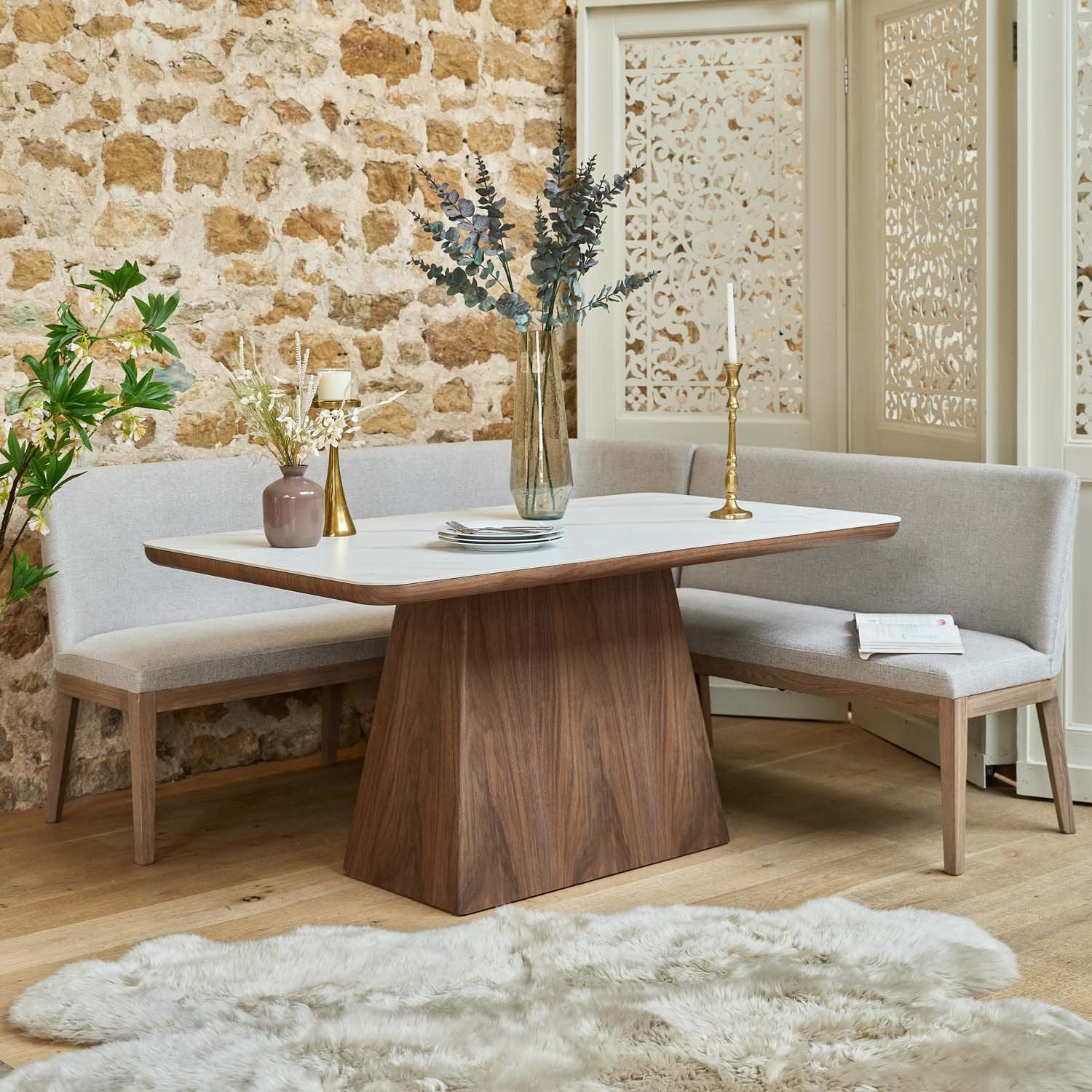 Sutton 160cm Dining Table - Walnut with Hampton Corner Bench in Grey LHF