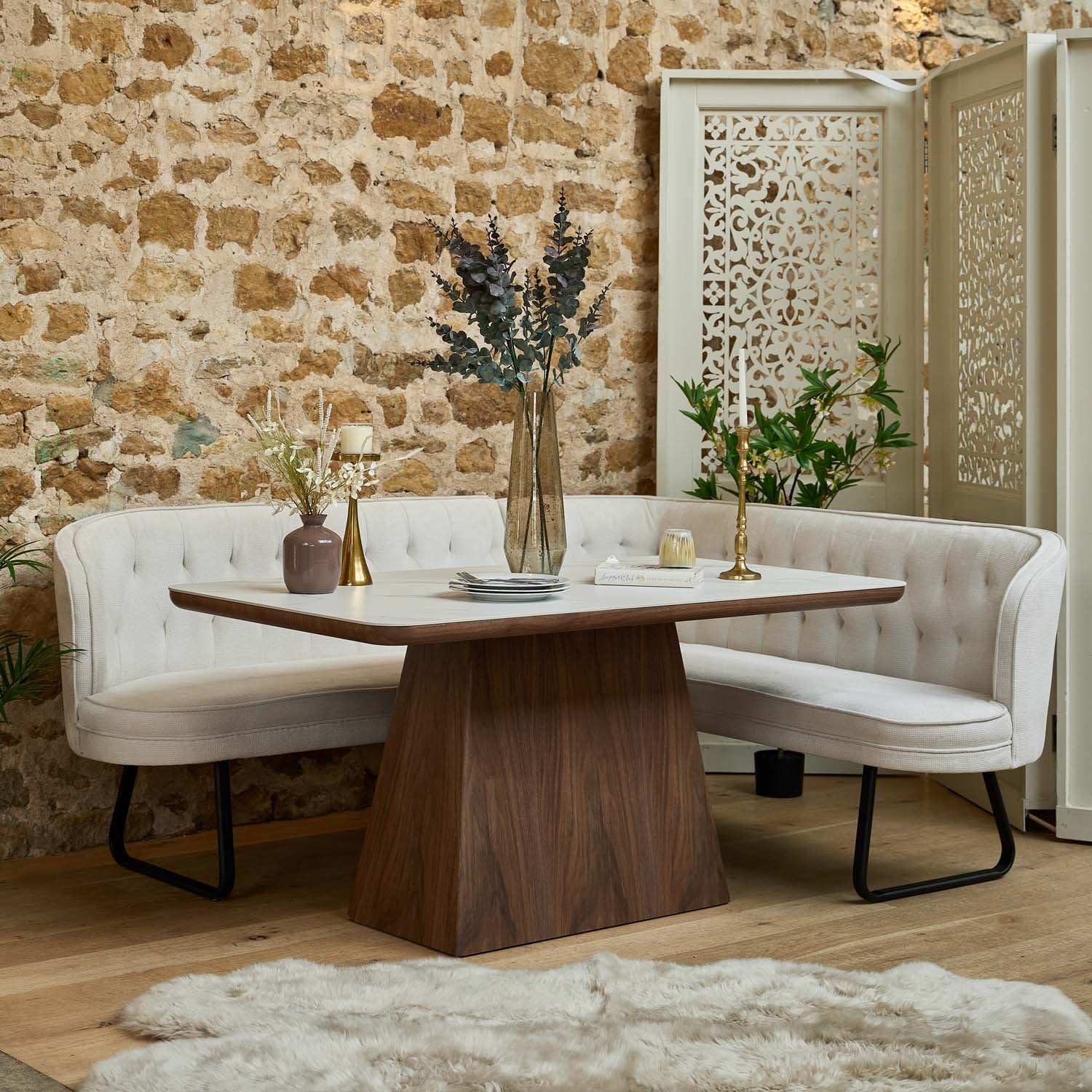 Sutton 160cm Dining Table - Walnut with Frampton Corner Bench in White LHF