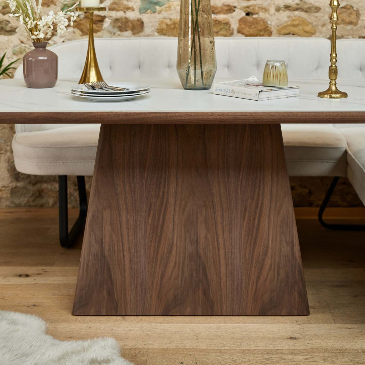 Sutton 160cm Dining Table - Walnut with Frampton Corner Bench in White RHF