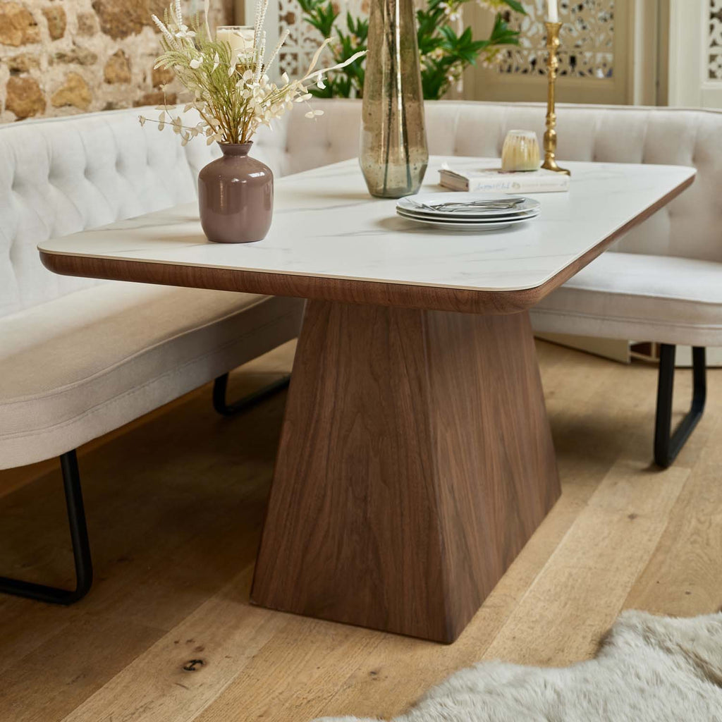 Sutton 160cm Dining Table - Walnut with Frampton Corner Bench LHF & 2x Frampton Chairs in White