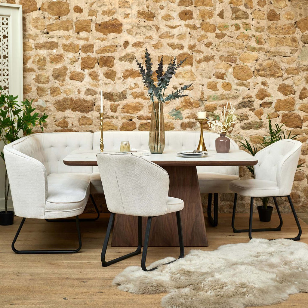 Sutton 160cm Dining Table - Walnut with Frampton Corner Bench RHF & 2x Frampton Chairs in White