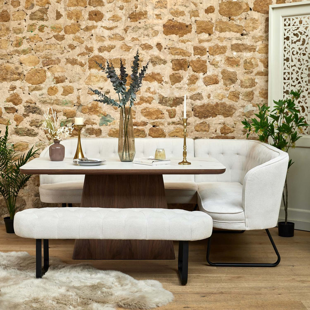 Sutton 160cm Dining Table - Walnut with Frampton Corner Bench LHF & Flat Bench in White