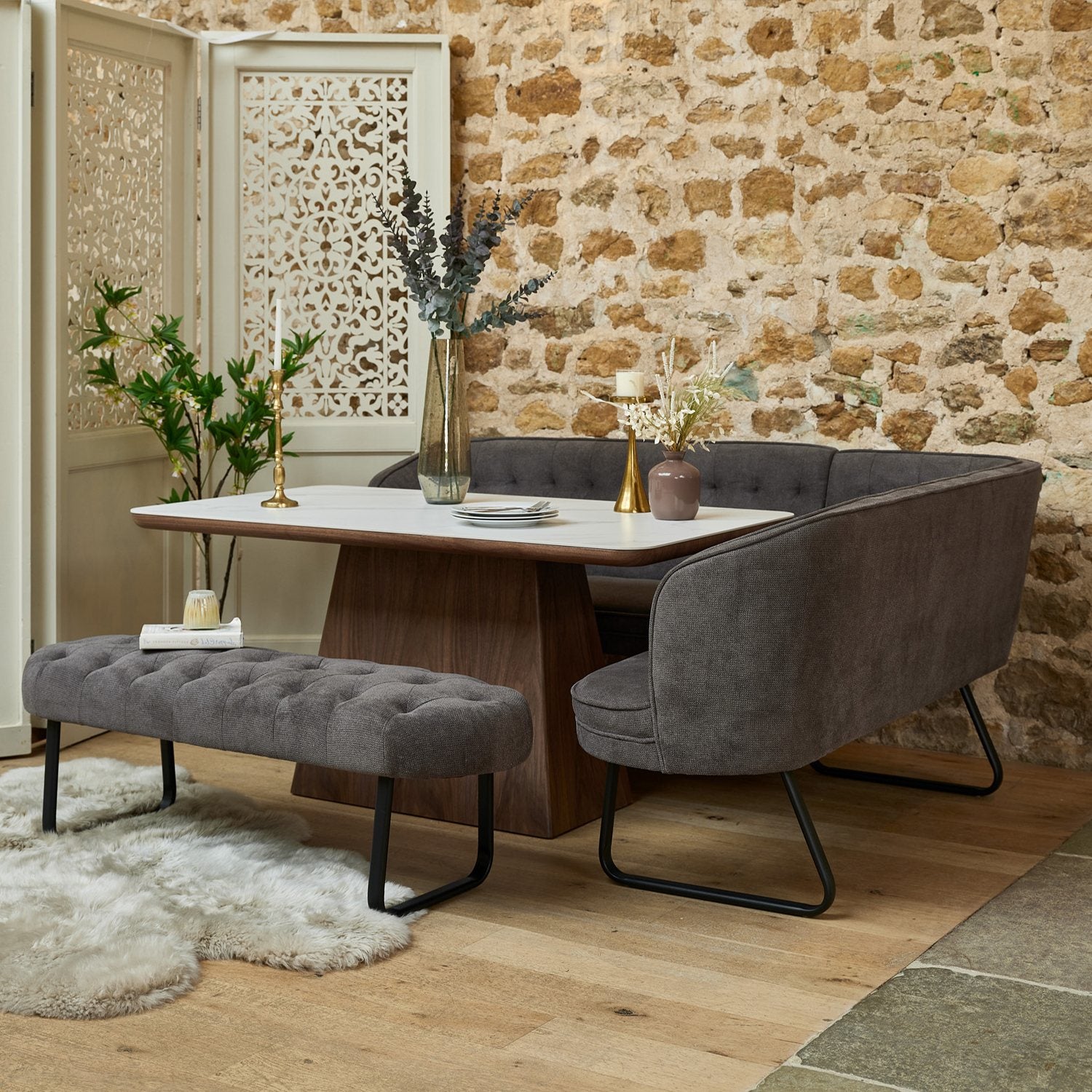 Sutton 160cm Dining Table - Walnut with Frampton Corner Bench LHF & Flat Bench in Anthracite