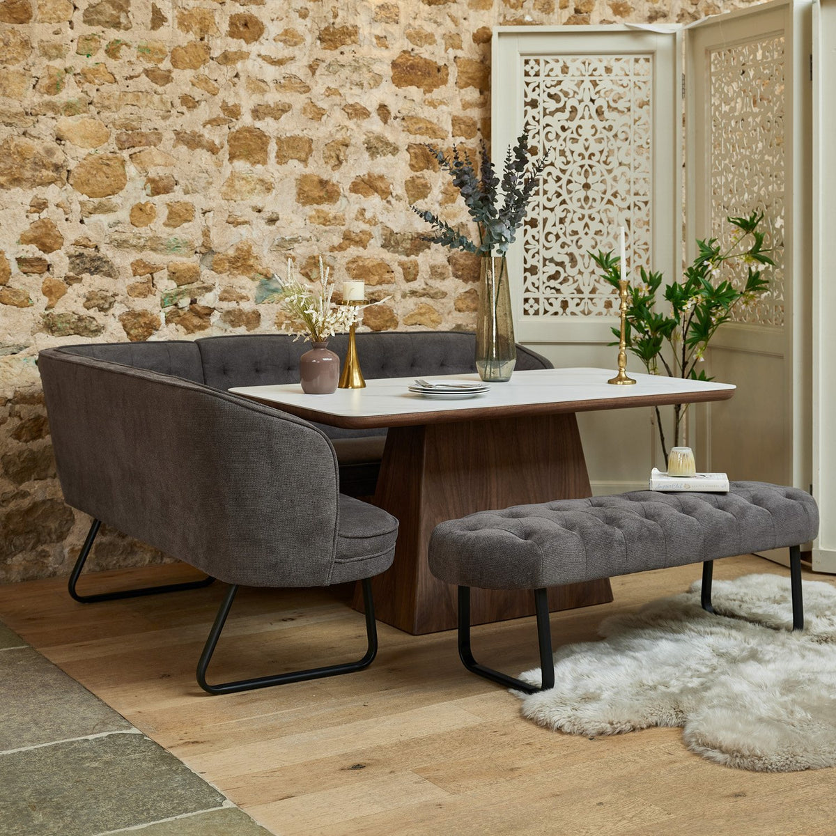 Sutton 160cm Dining Table - Walnut with Frampton Corner Bench RHF & Flat Bench in Anthracite