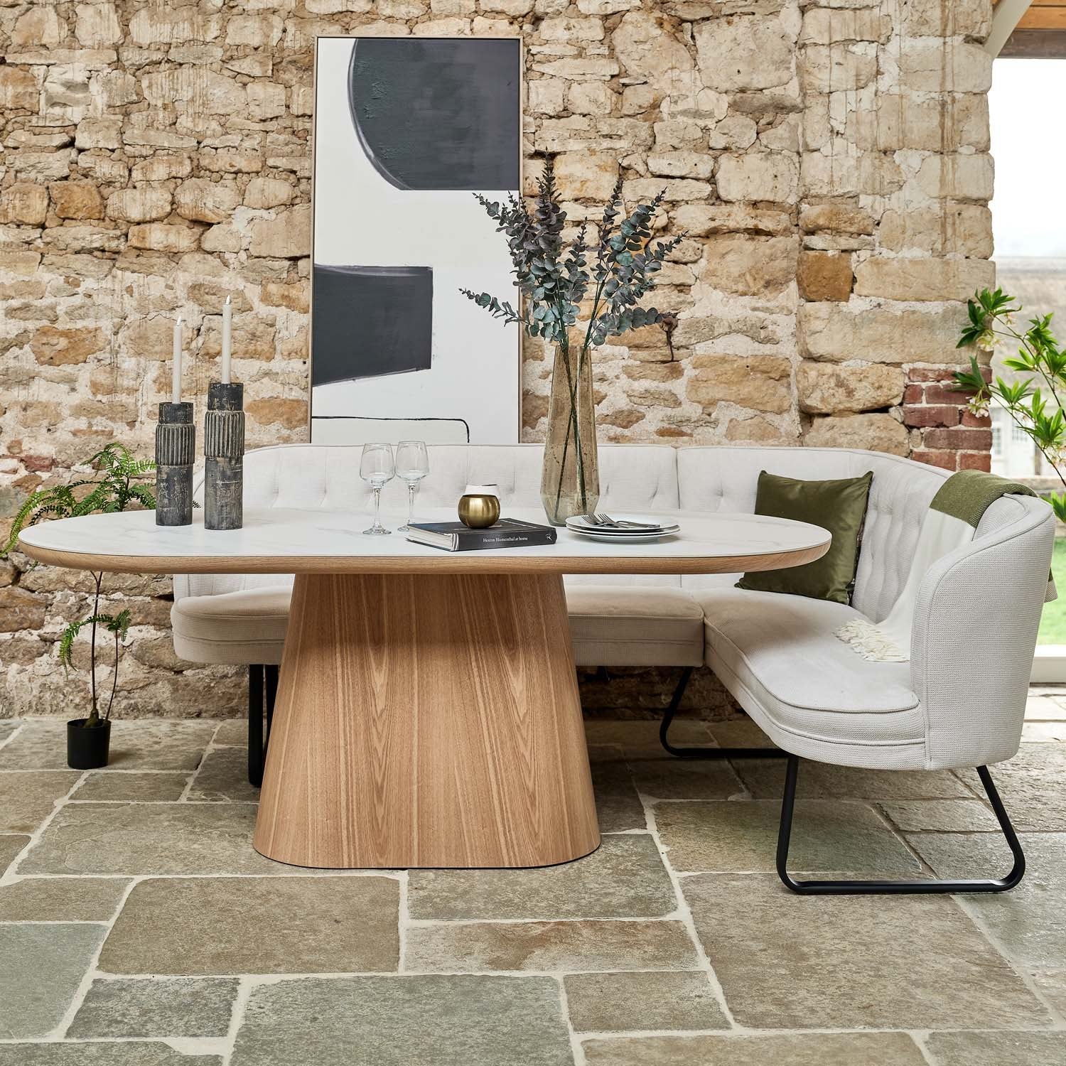 Sutton 200cm Dining Table - Ash with Frampton Corner Bench in White LHF
