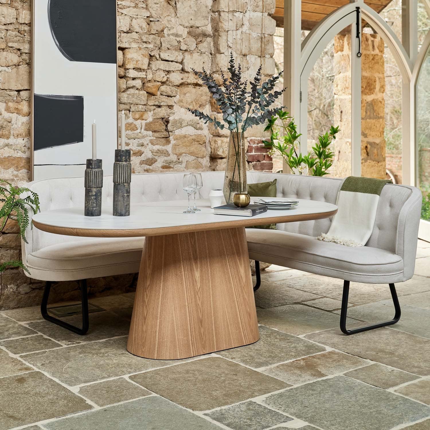 Sutton 200cm Dining Table - Ash with Frampton Corner Bench in White LHF