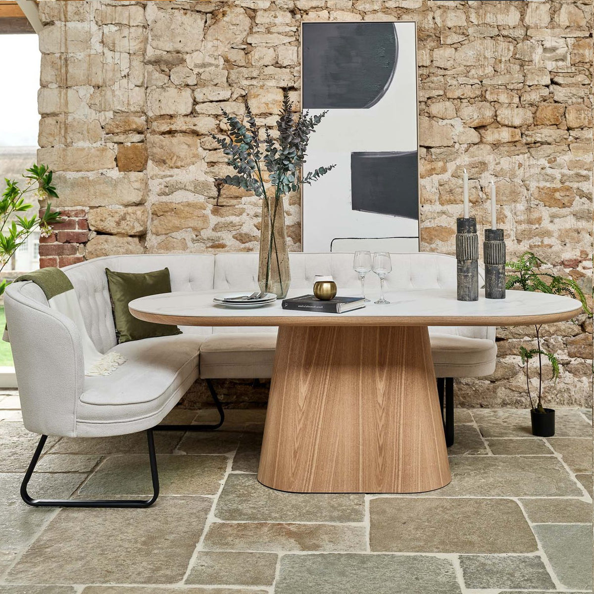 Sutton 200cm Dining Table - Ash with Frampton Corner Bench in White RHF