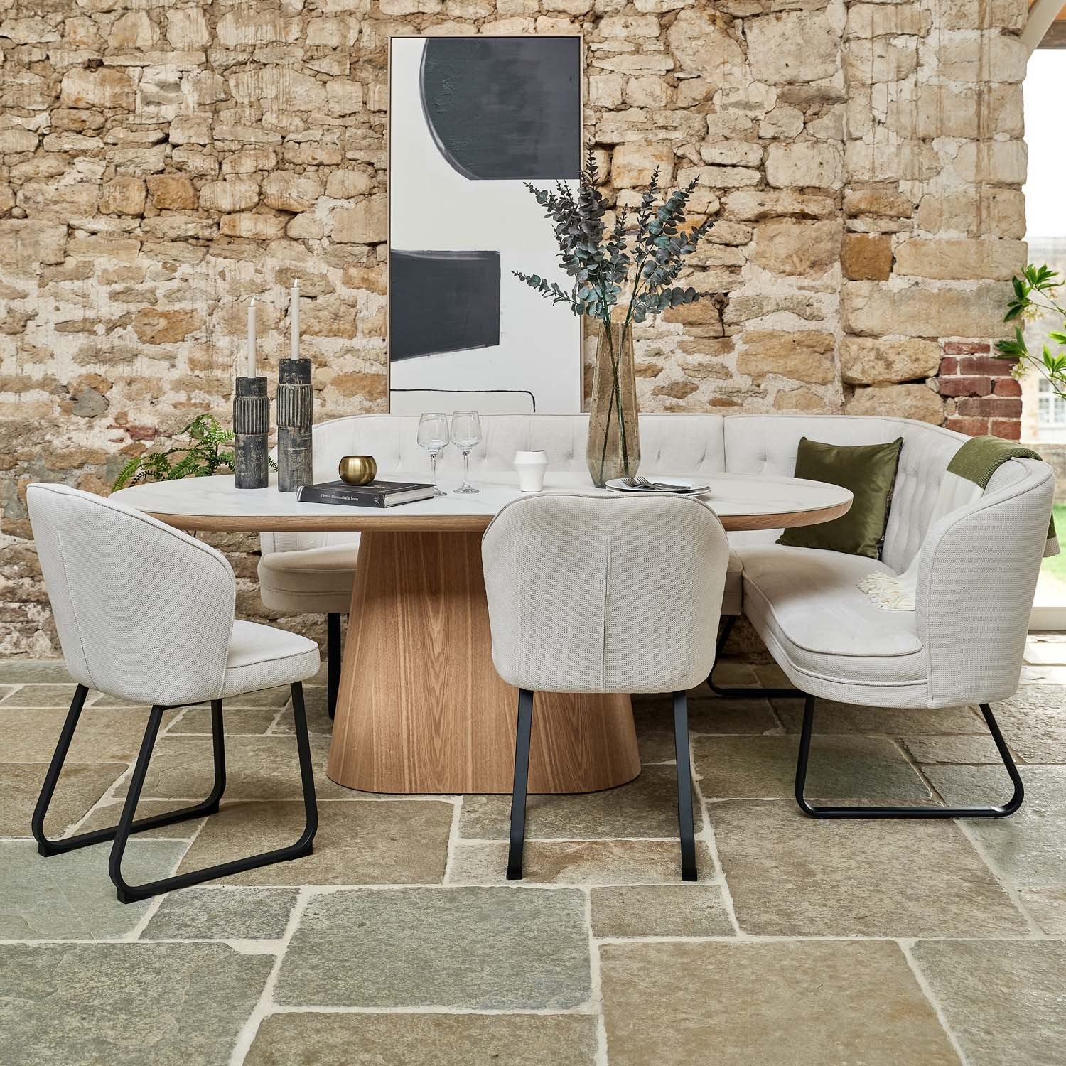 Sutton 200cm Dining Table - Ash with Frampton Corner Bench LHF & 2x Frampton Chairs in White