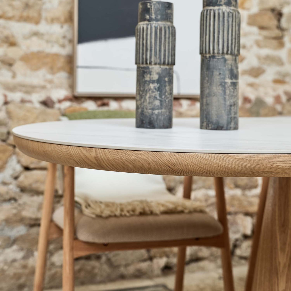 Sutton 200cm Dining Table - Ash with 4x Albi Chairs in Beige with Oiled Oak Legs