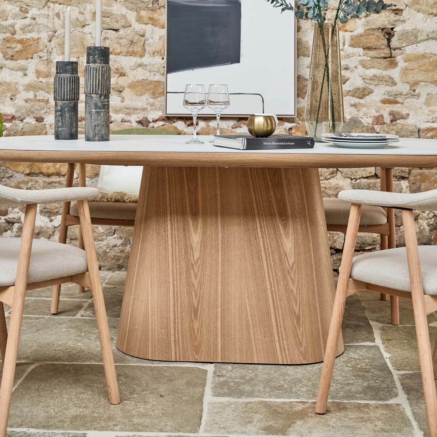 Sutton 200cm Dining Table - Ash with 4x Albi Chairs in Beige with Oiled Oak Legs