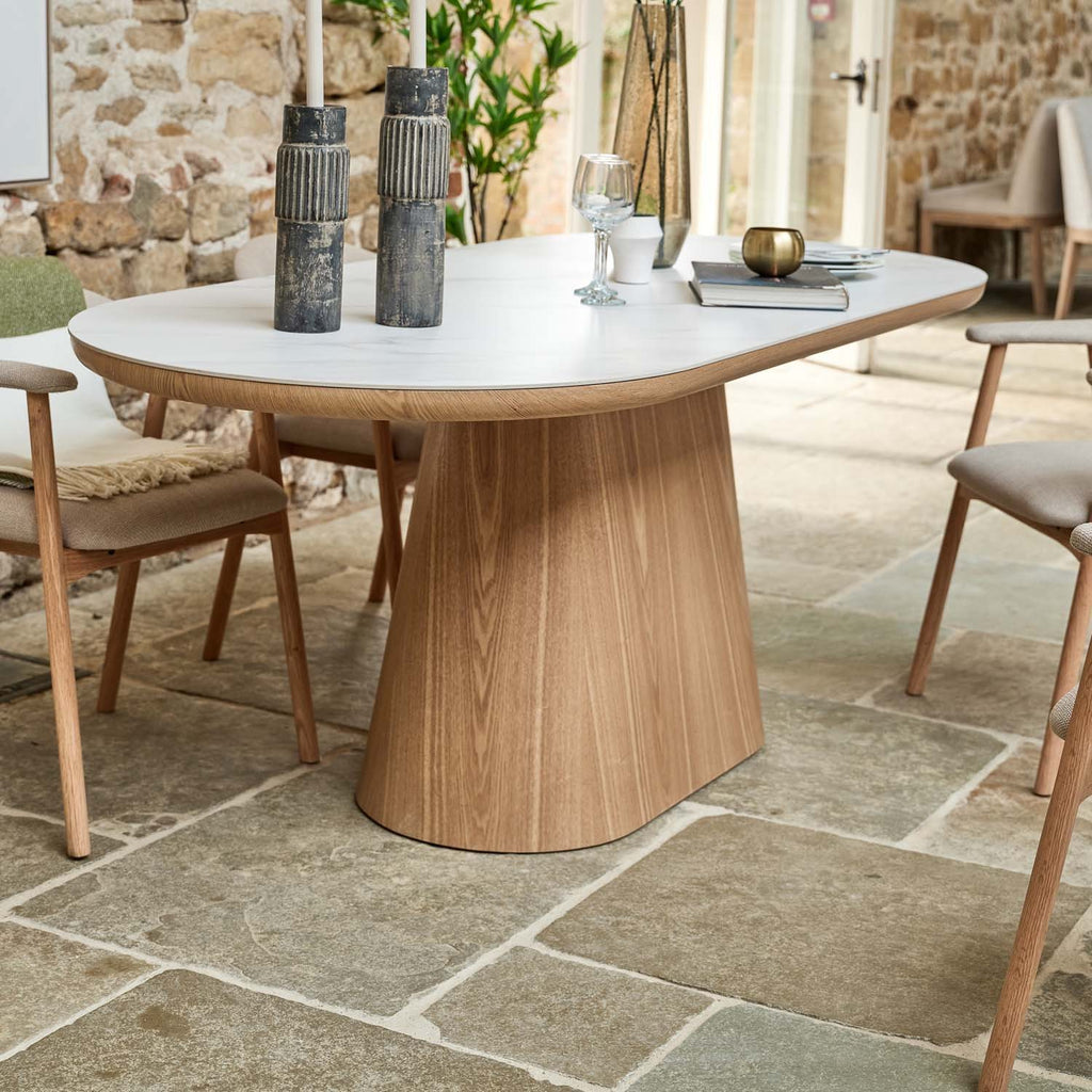 Sutton 200cm Dining Table - Ash with 6x Albi Chairs in Beige with Oiled Oak Legs