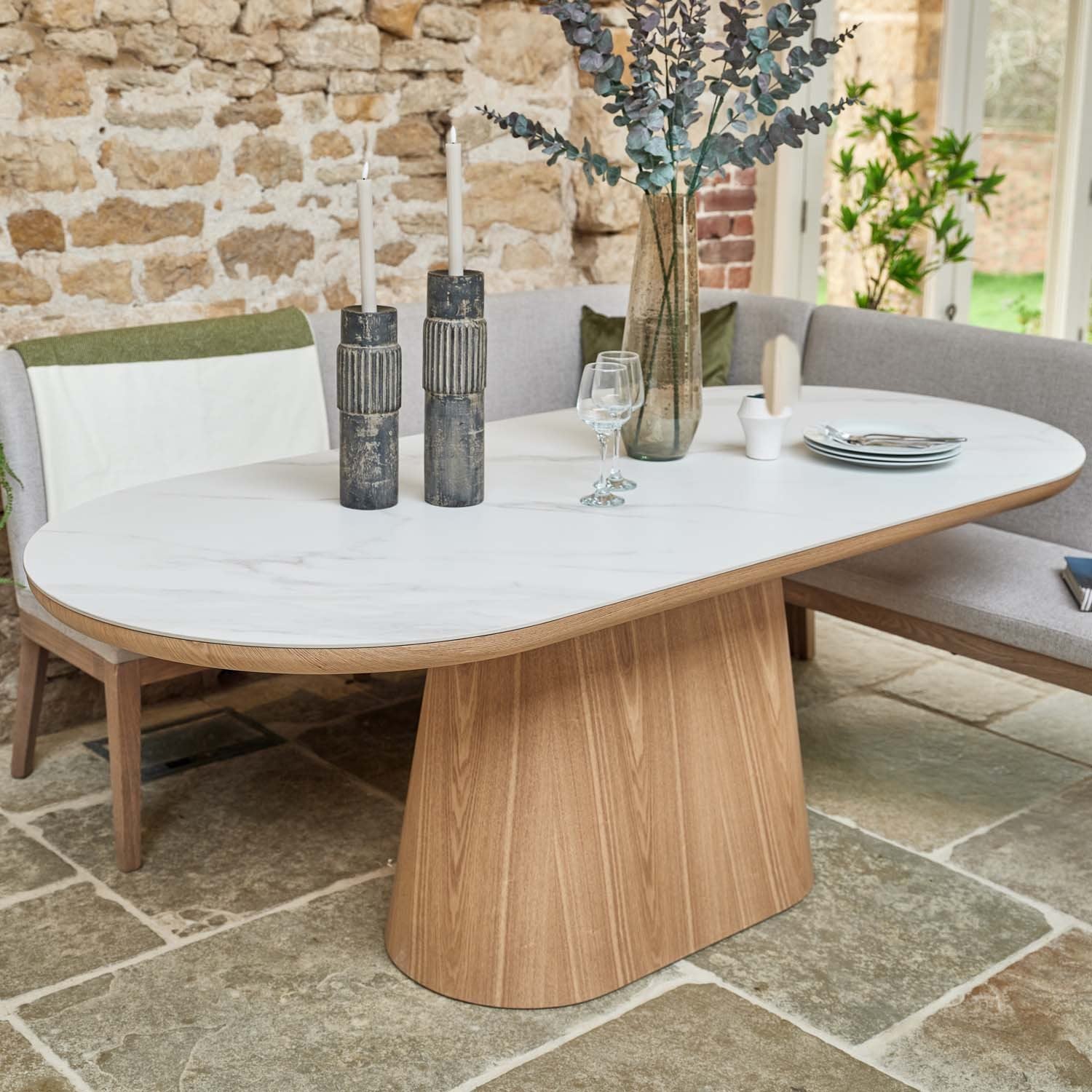 Sutton 200cm Dining Table - Ash with Hampton Corner Bench in Grey LHF