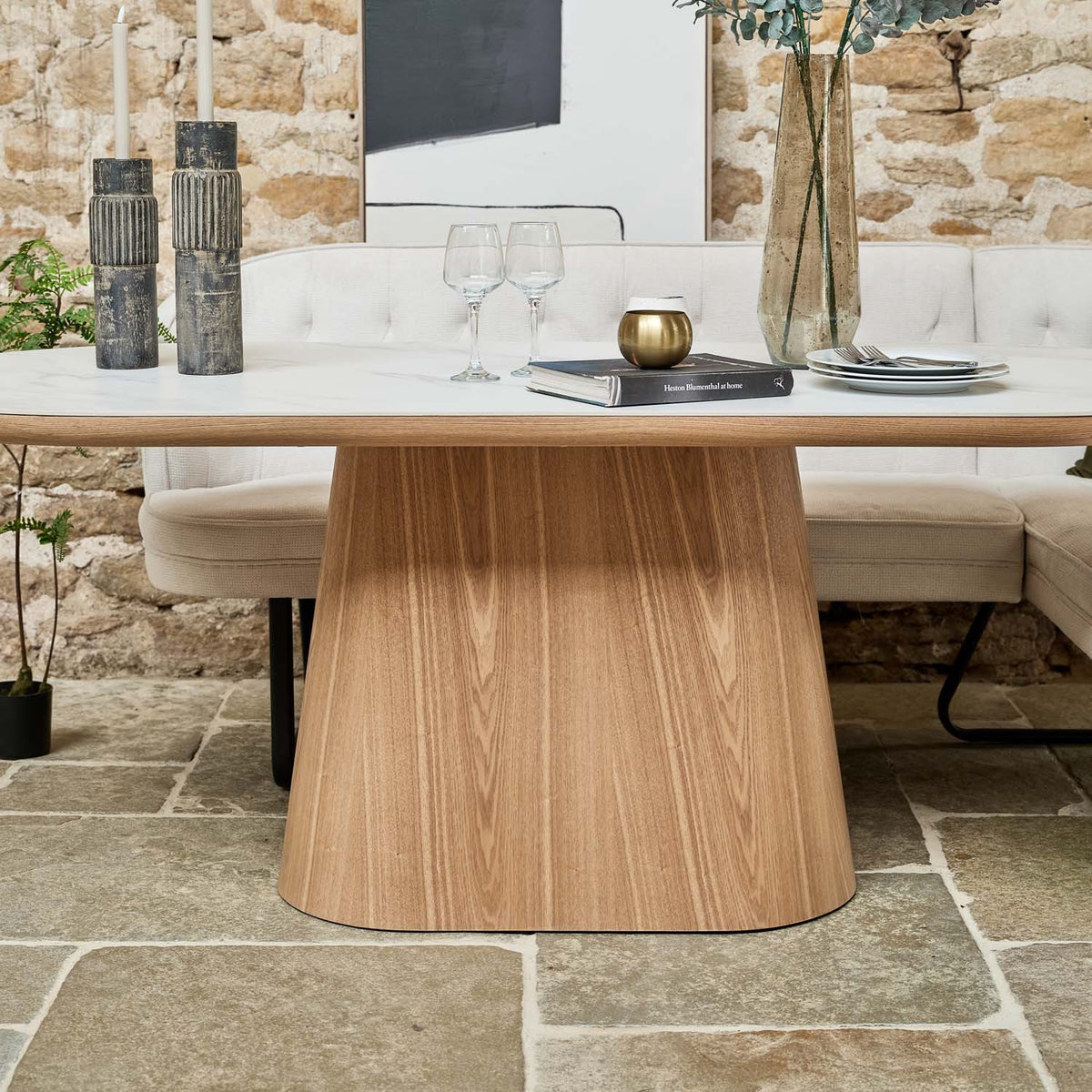 Sutton 200cm Dining Table - Ash with Frampton Corner Bench RHF & Flat Bench in White