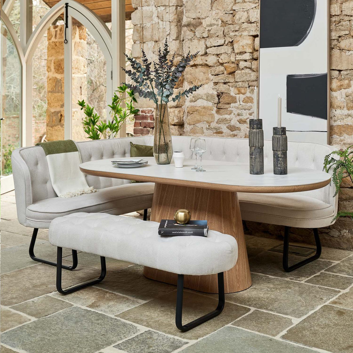 Sutton 200cm Dining Table - Ash with Frampton Corner Bench RHF & Flat Bench in White