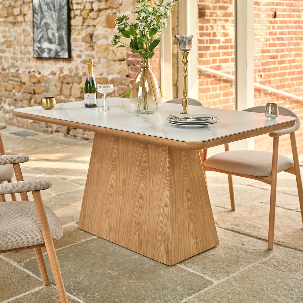 Sutton 160cm Dining Table - Ash with 4x Albi Chairs in Beige with Oiled Oak Legs