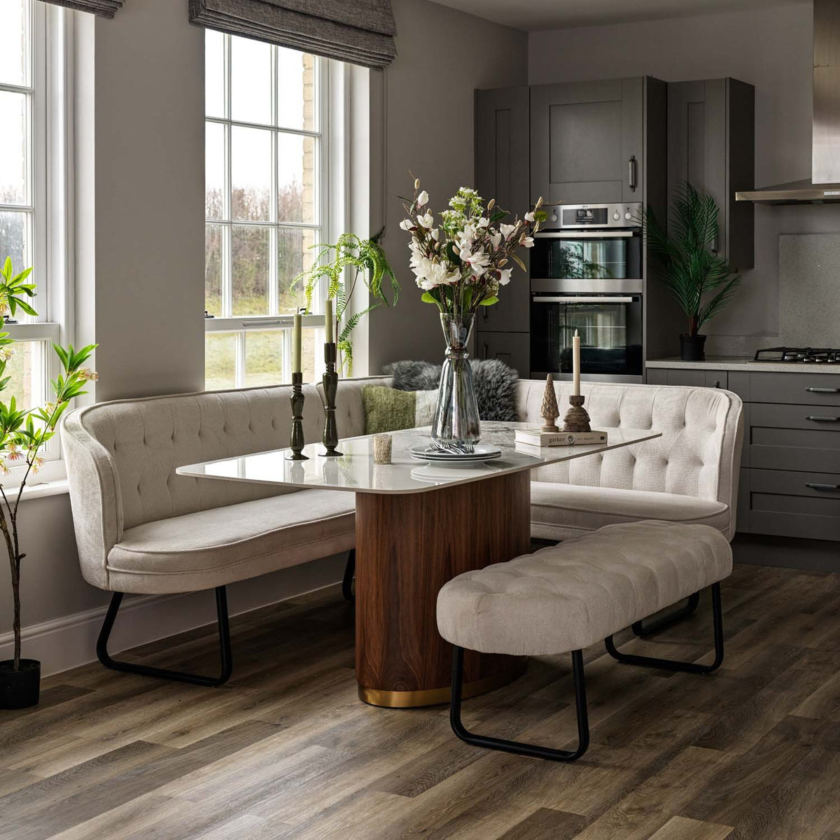 West Bay Dining Table 180cm with Frampton Corner Bench LHF and Low Bench in White