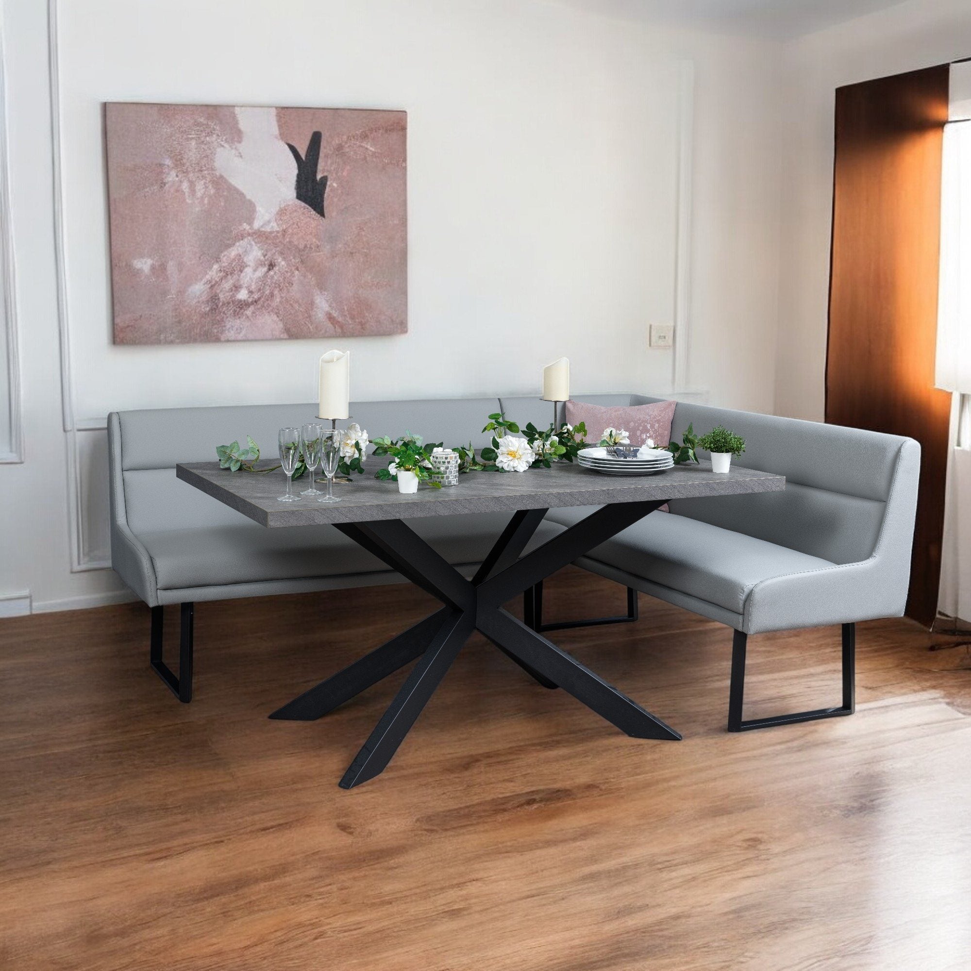 Jupiter 180cm - Faux Concrete - Dining Table & LHF Corner Bench in Light Grey