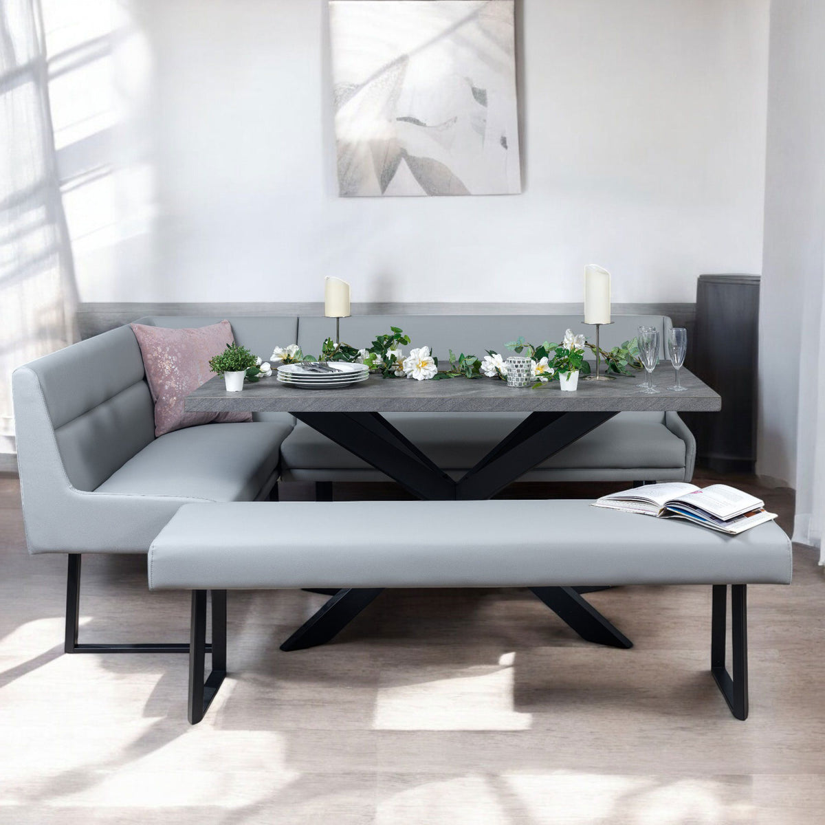 Jupiter 180cm - Faux Concrete - Dining Table & RHF Corner Bench with Flat Bench in Light Grey