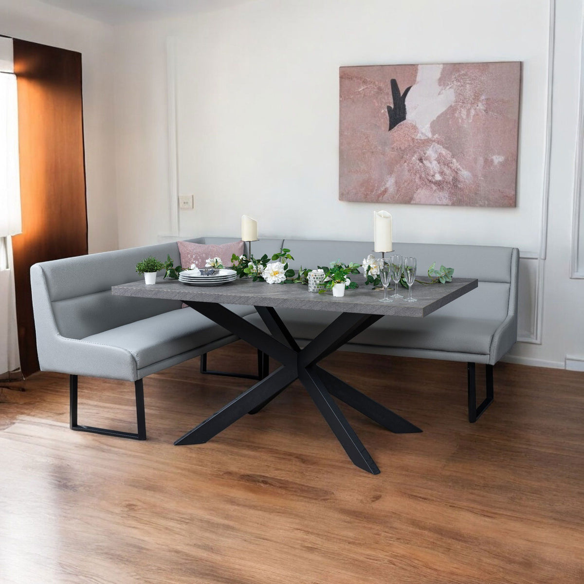 Jupiter 180cm - Faux Concrete - Dining Table & RHF Corner Bench in Light Grey