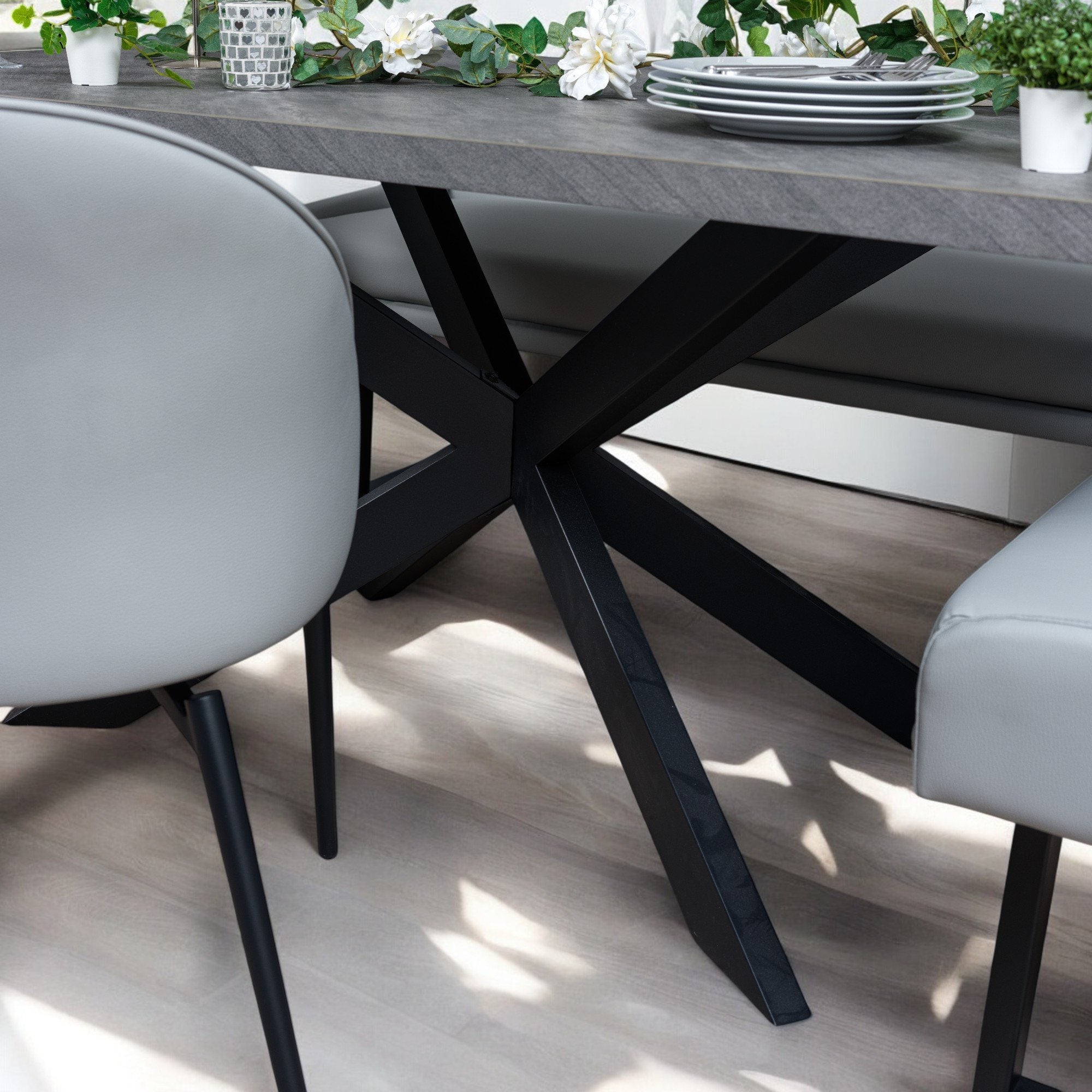 Jupiter 180cm - Faux Concrete - Dining Table & LHF Corner Bench with 2 Dining Chairs in Light Grey