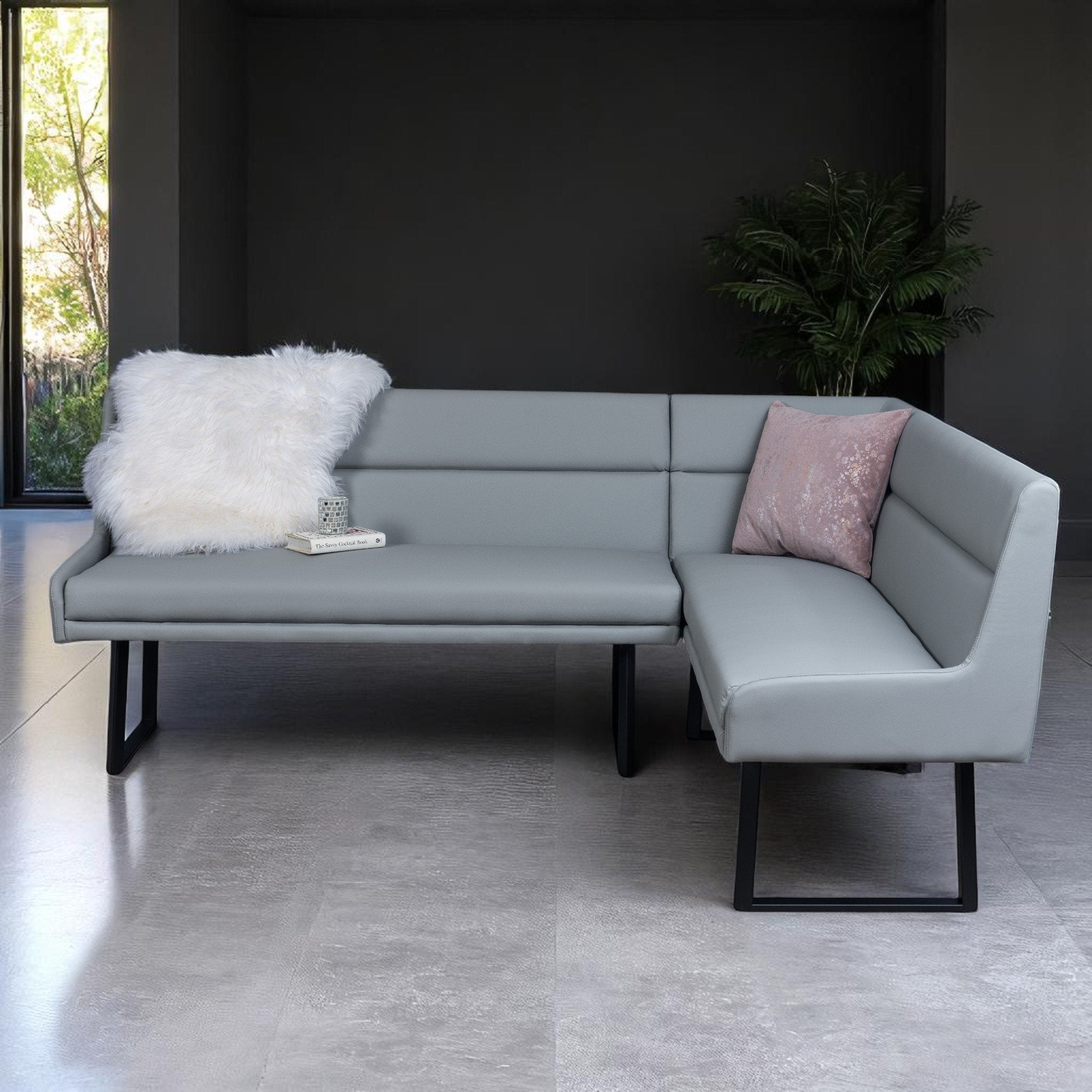 Jupiter 180cm - Faux Concrete - Dining Table & RHF Corner Bench with 2 Dining Chairs in Light Grey