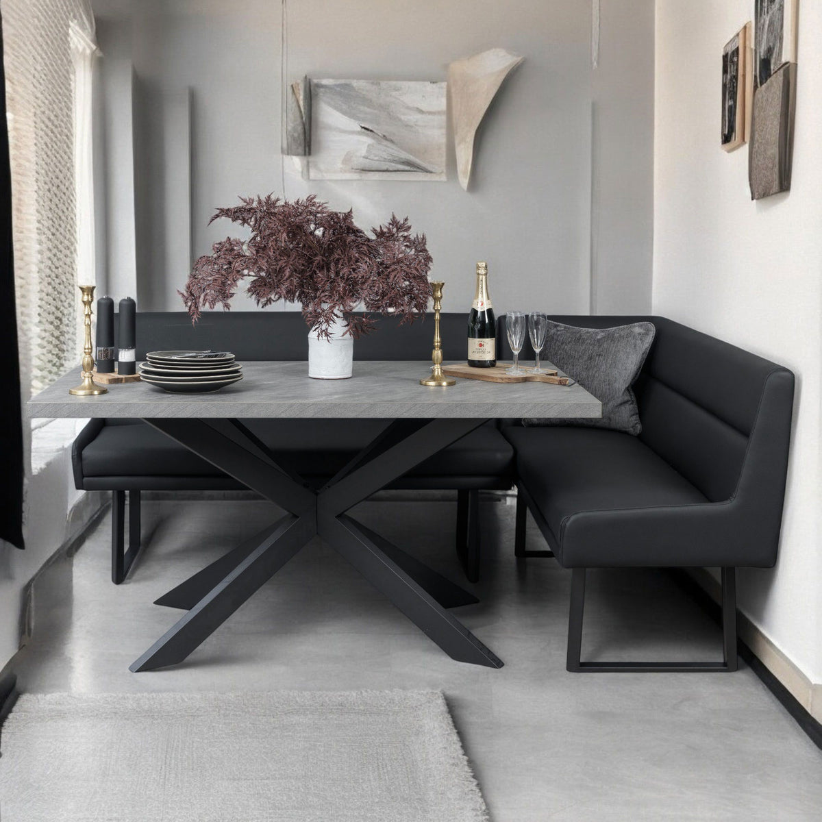 Jupiter 180cm - Faux Concrete - Dining Table & LHF Corner Bench in Black
