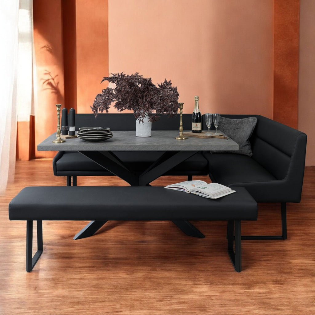 Jupiter 180cm - Faux Concrete - Dining Table & LHF Corner Bench with Flat Bench in Black