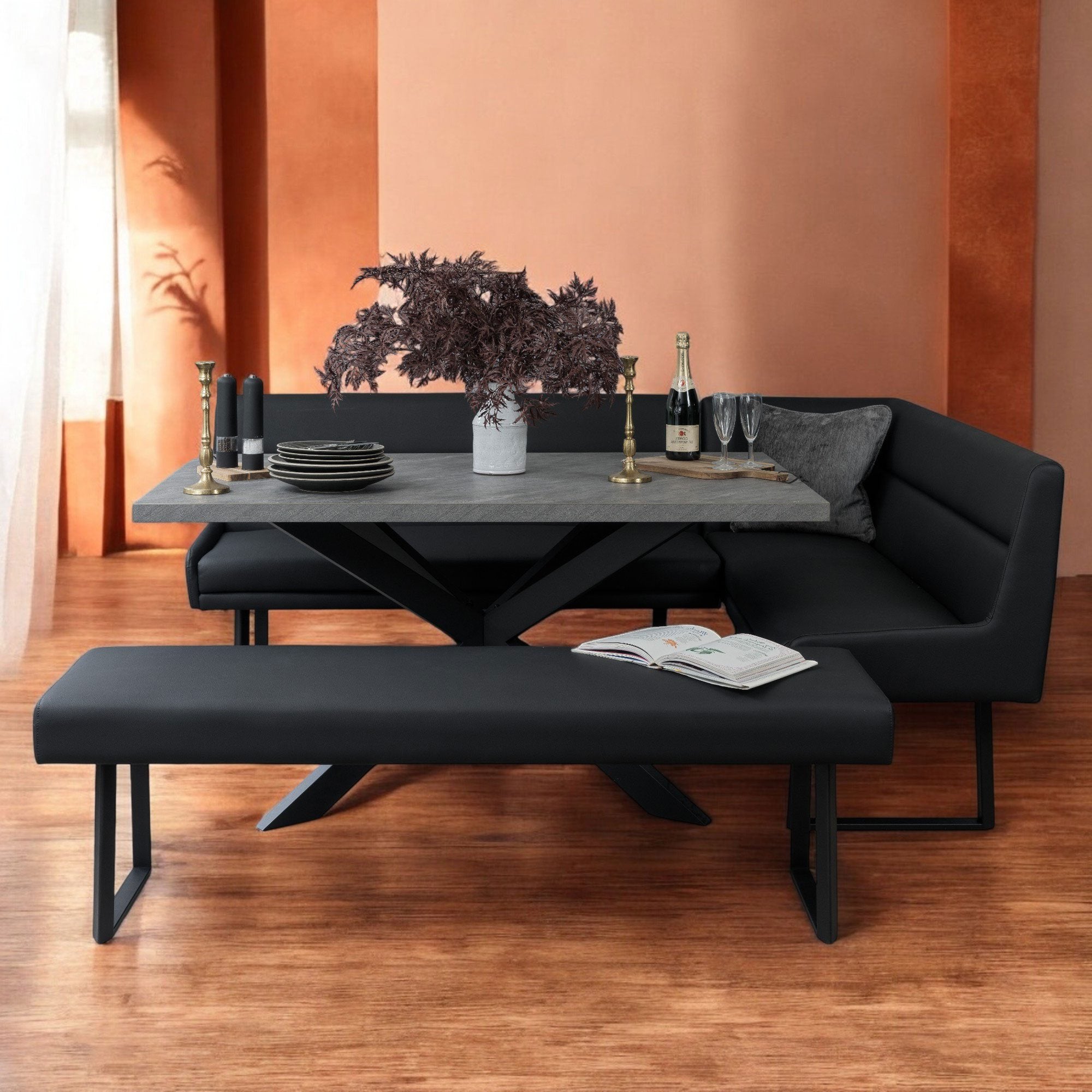 Jupiter 180cm - Faux Concrete - Dining Table & LHF Corner Bench with Flat Bench in Black
