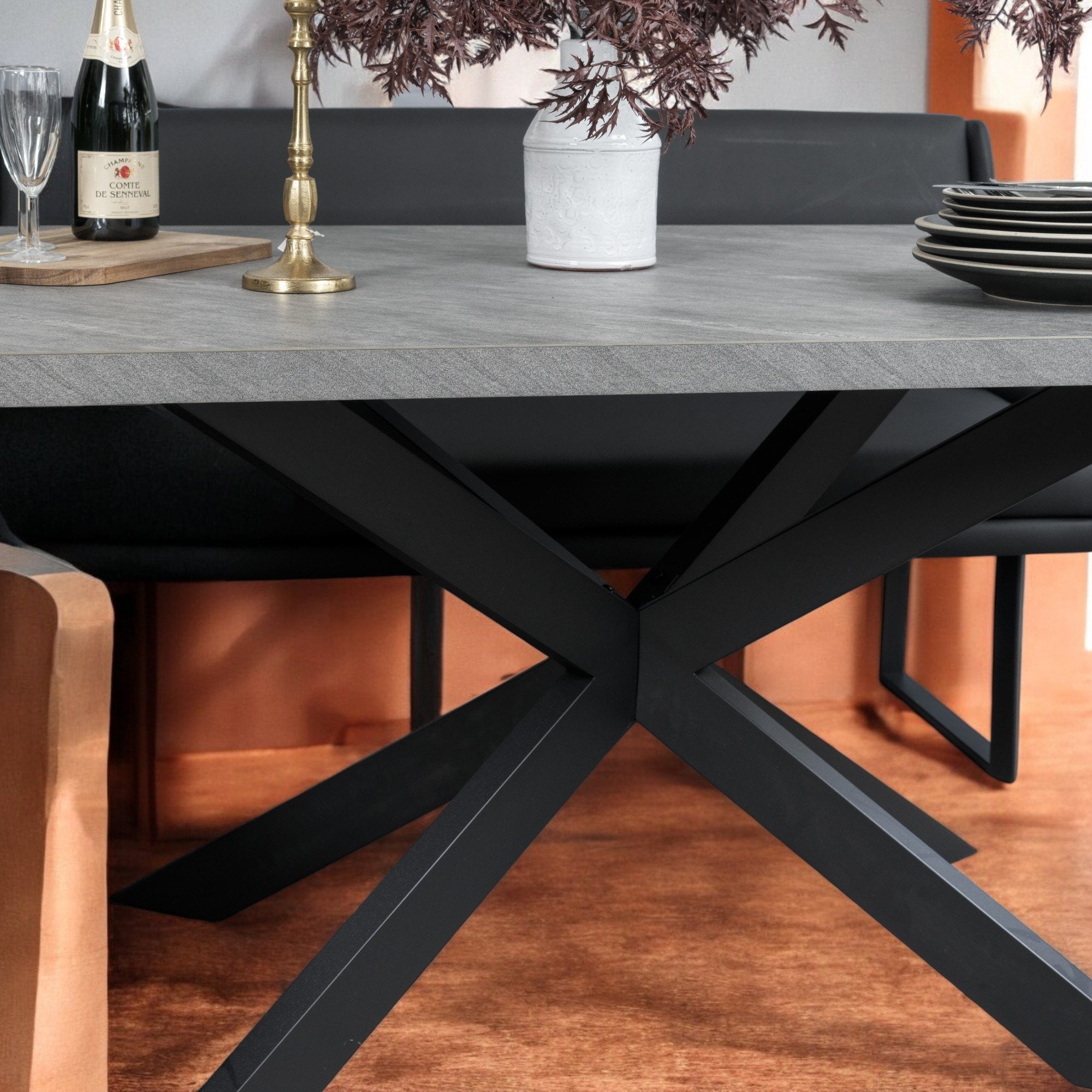Jupiter 180cm - Faux Concrete - Dining Table & LHF Corner Bench with Flat Bench in Black