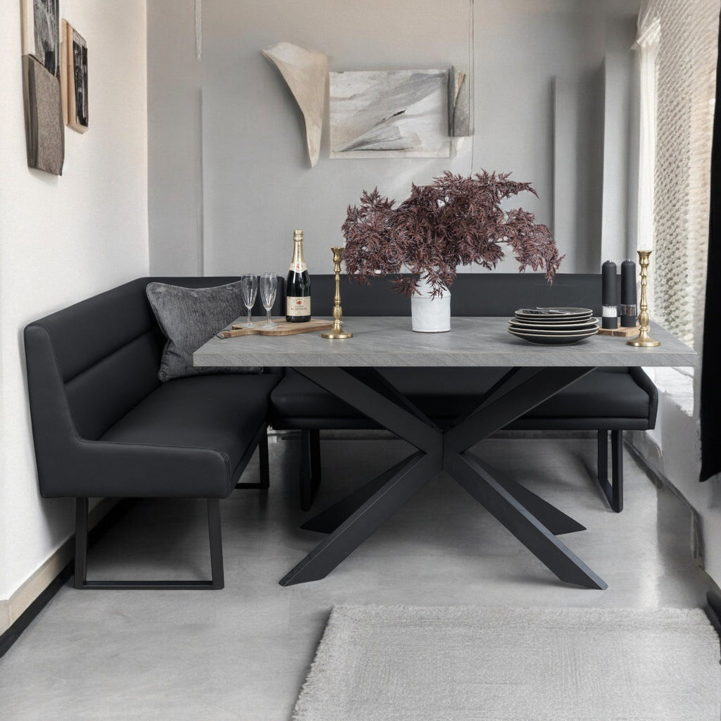 Jupiter 180cm - Faux Concrete - Dining Table & RHF Corner Bench in Black