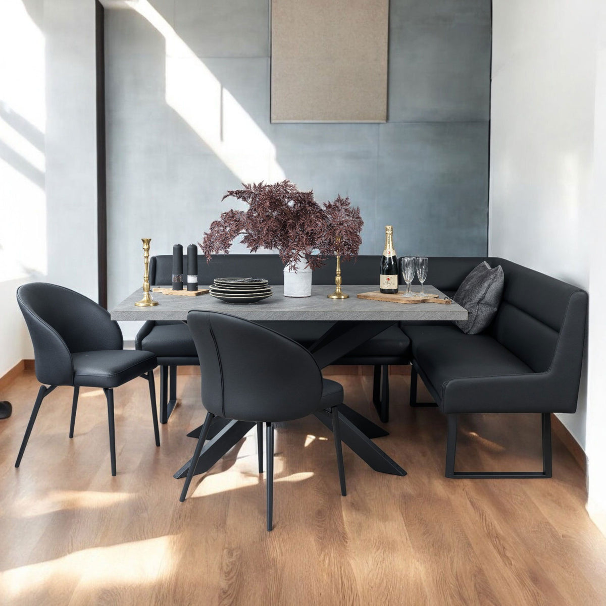 Jupiter 180cm - Faux Concrete - Dining Table & LHF Corner Bench with 2 Dining Chairs in Black