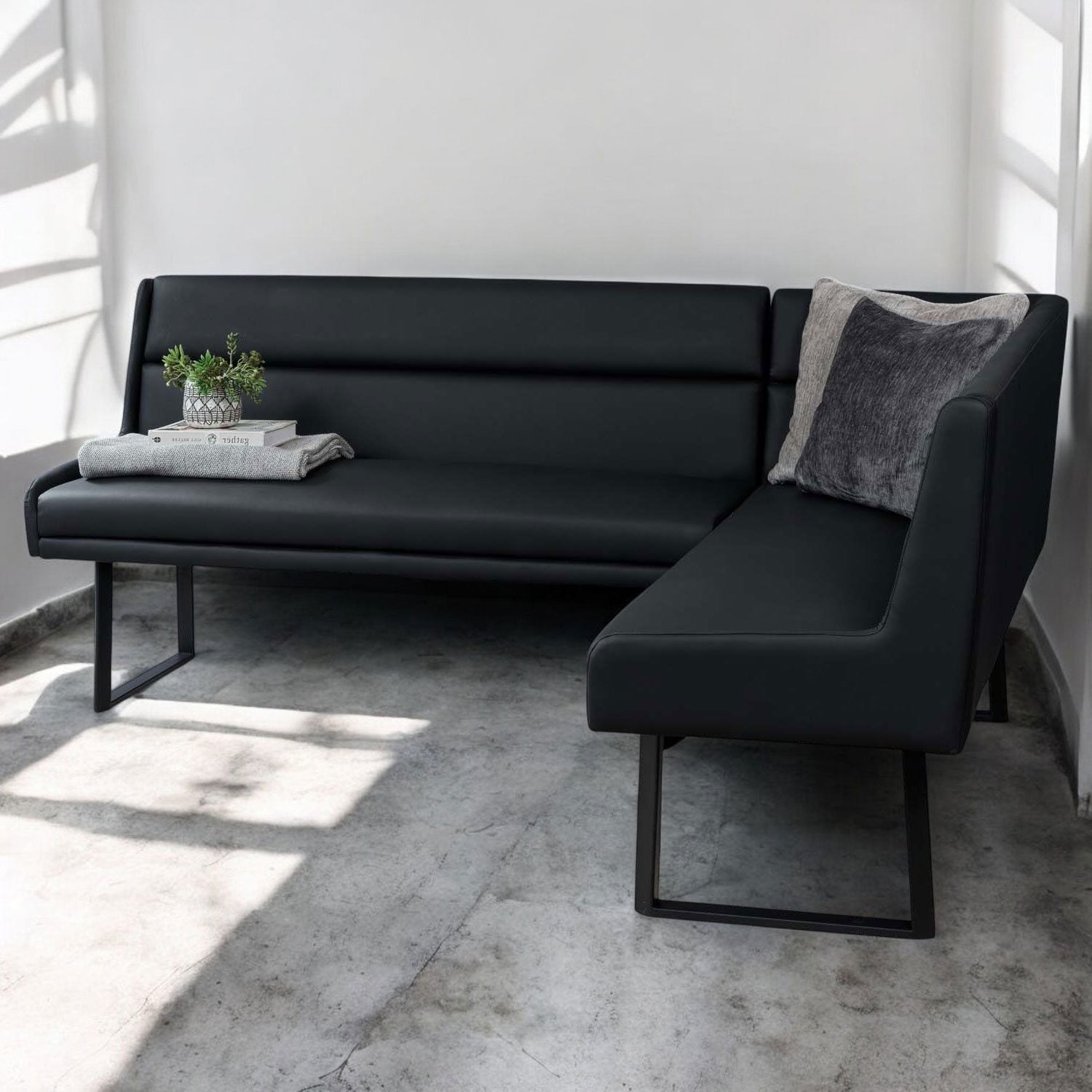Jupiter 180cm - Faux Concrete - Dining Table & LHF Corner Bench with 2 Dining Chairs in Black