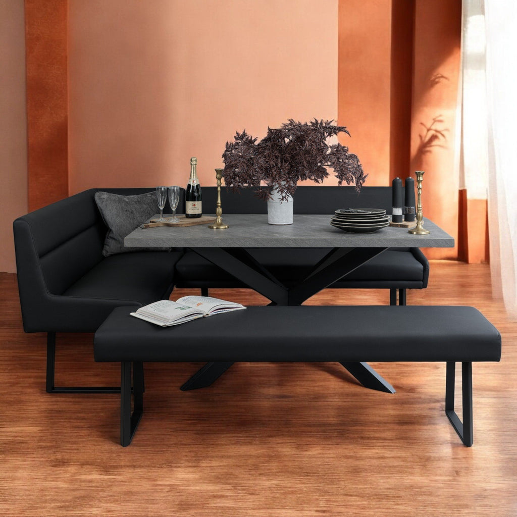 Jupiter 180cm - Faux Concrete - Dining Table & RHF Corner Bench with Flat Bench in Black