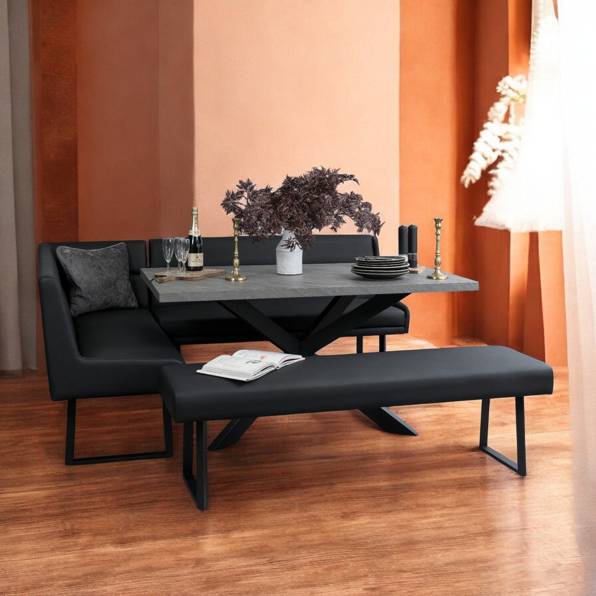 Jupiter 180cm - Faux Concrete - Dining Table & RHF Corner Bench with Flat Bench in Black