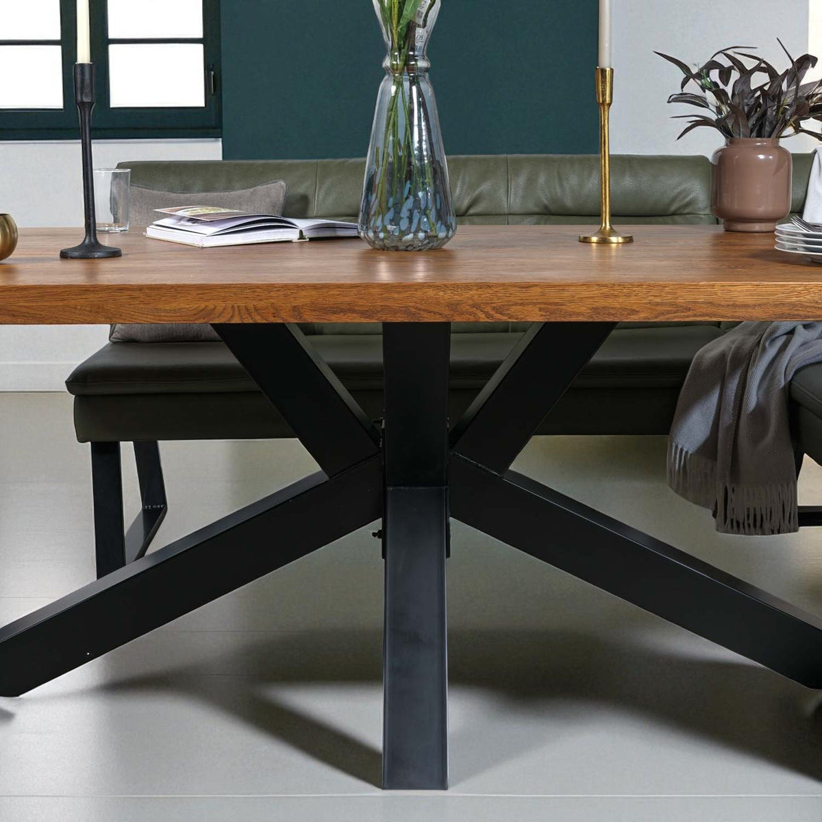Soho 200cm Dining Table with Industrial Corner Bench in Olive