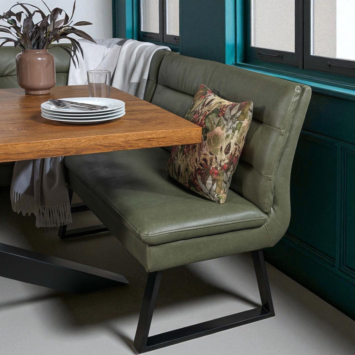 Soho 200cm Dining Table with Industrial Corner Bench in Olive