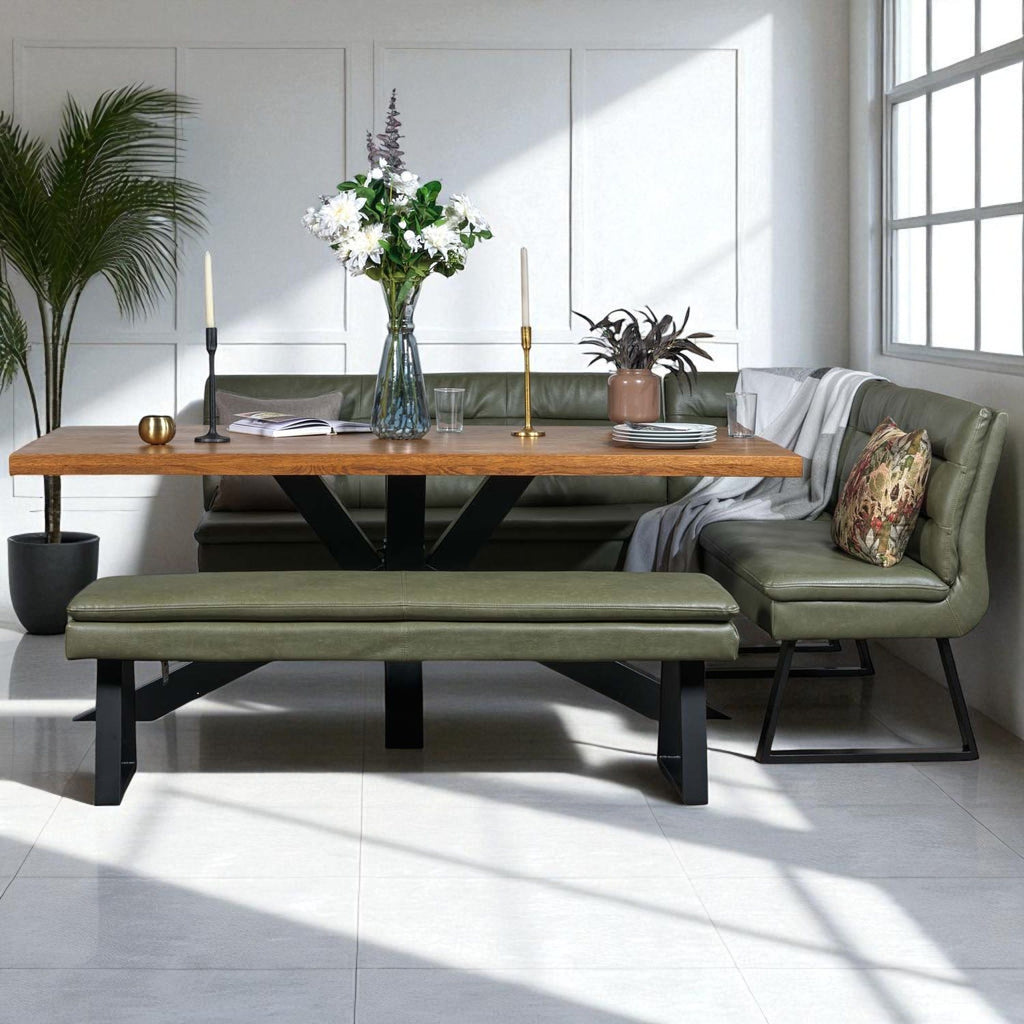 Soho 200cm Dining Table with Industrial Corner Bench & Bench Seat in Olive