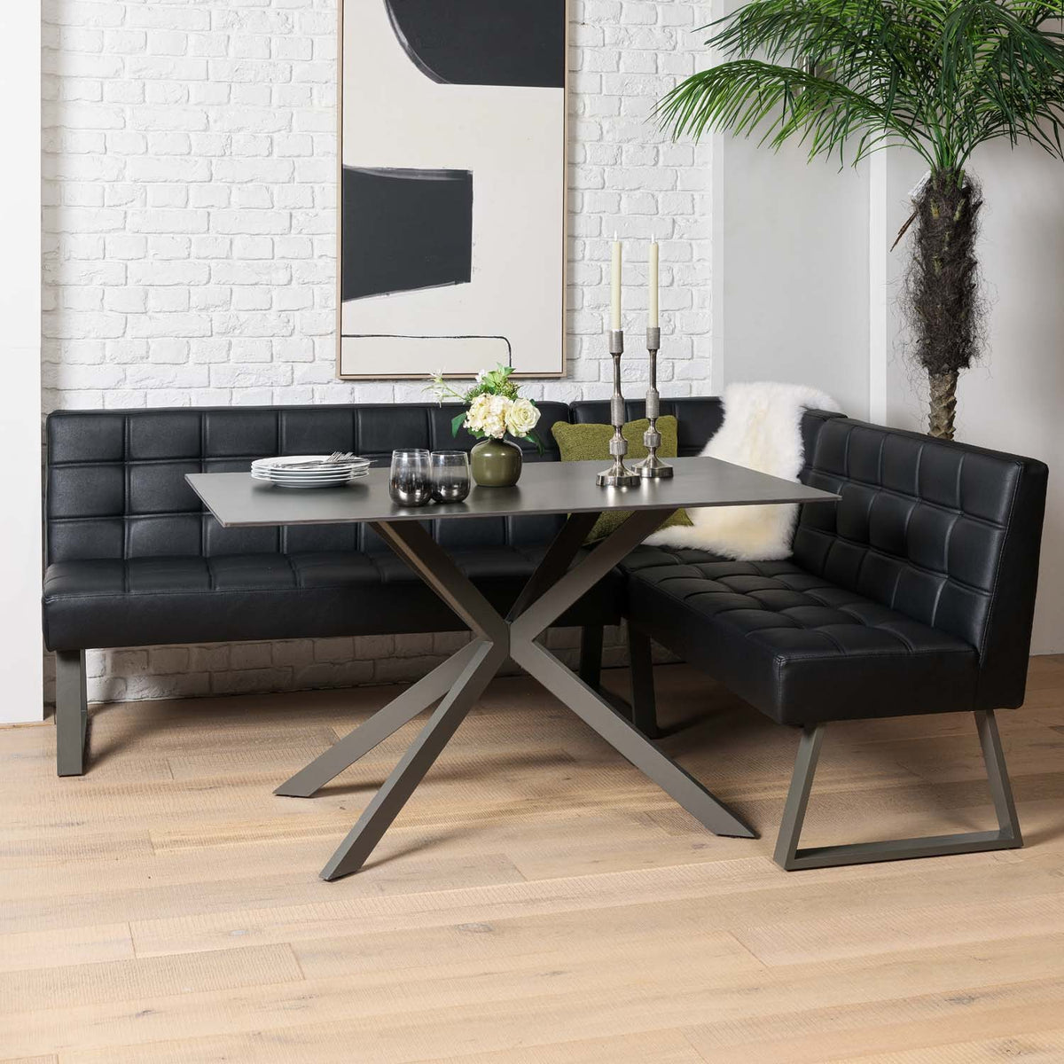 Saturn 135cm Dining Table Dark Grey & Rubix Corner Bench in Black