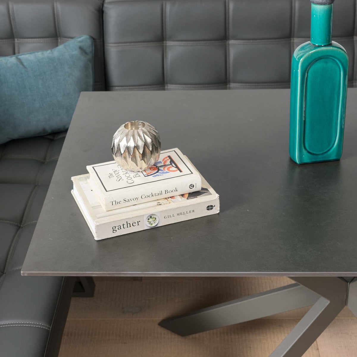 Saturn 135cm Dining Table Dark Grey & Rubix Corner Bench With Low Bench in Grey