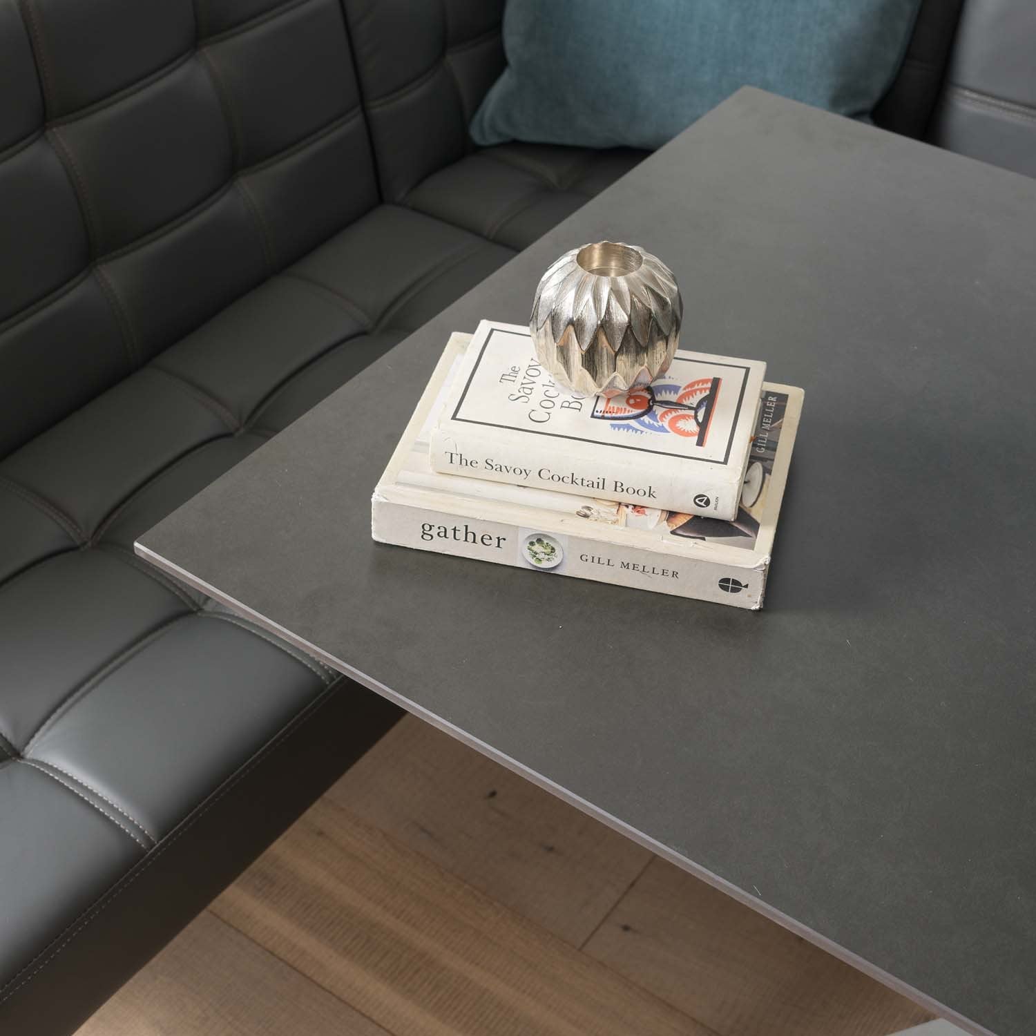 Saturn 135cm Dining Table Dark Grey & Rubix Corner Bench With Low Bench in Grey