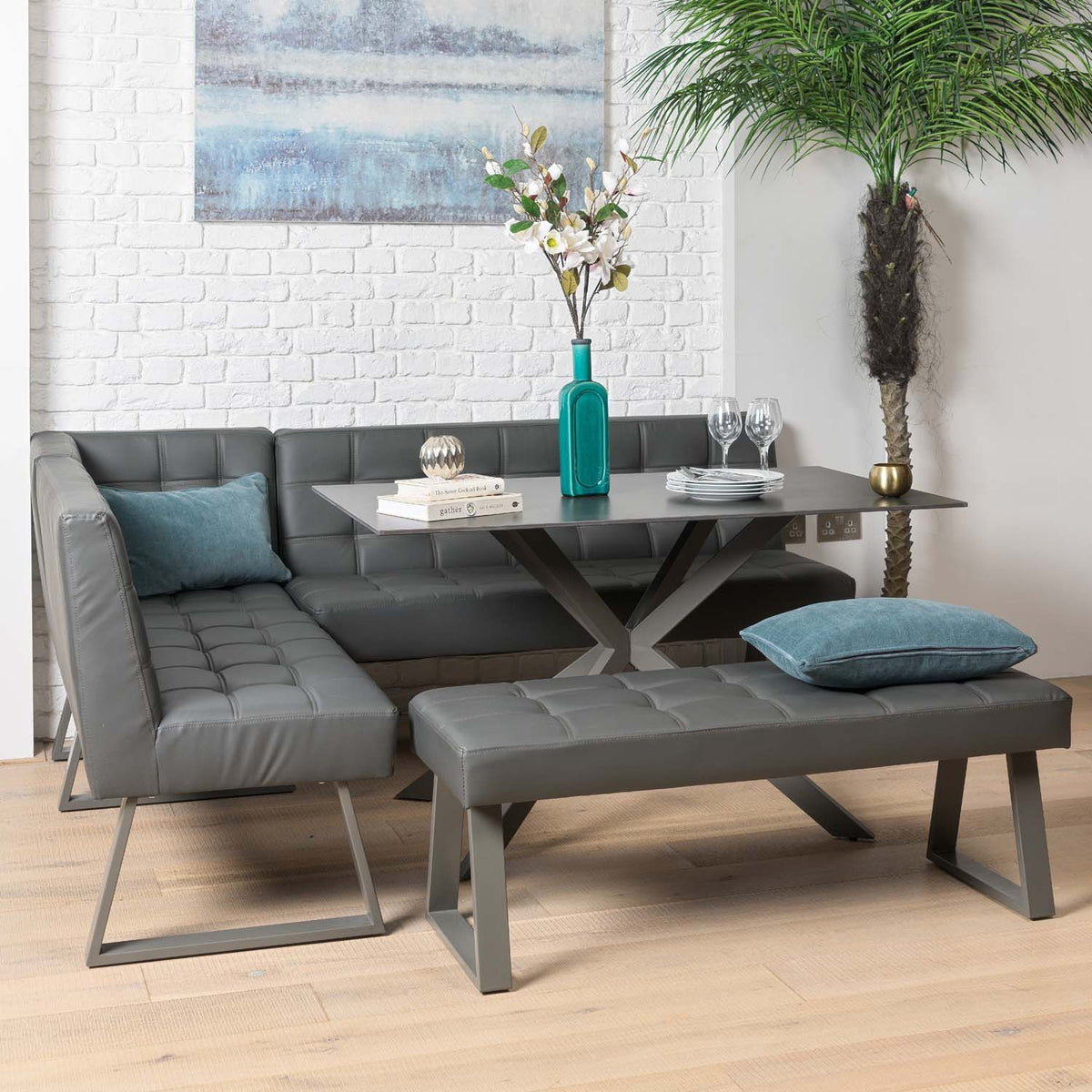 Saturn 135cm Dining Table Dark Grey & Rubix Corner Bench With Low Bench in Grey