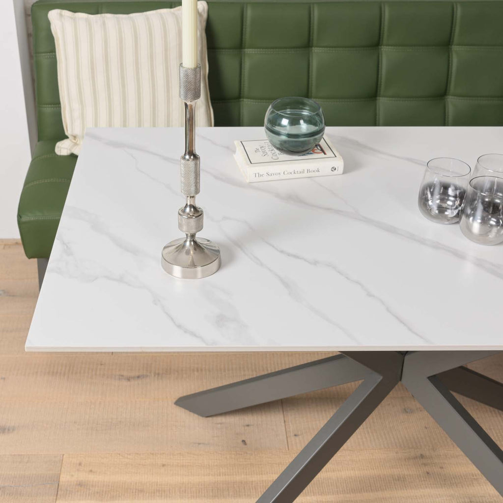 Saturn 135cm Dining Table White & Rubix Corner Bench in Olive Green