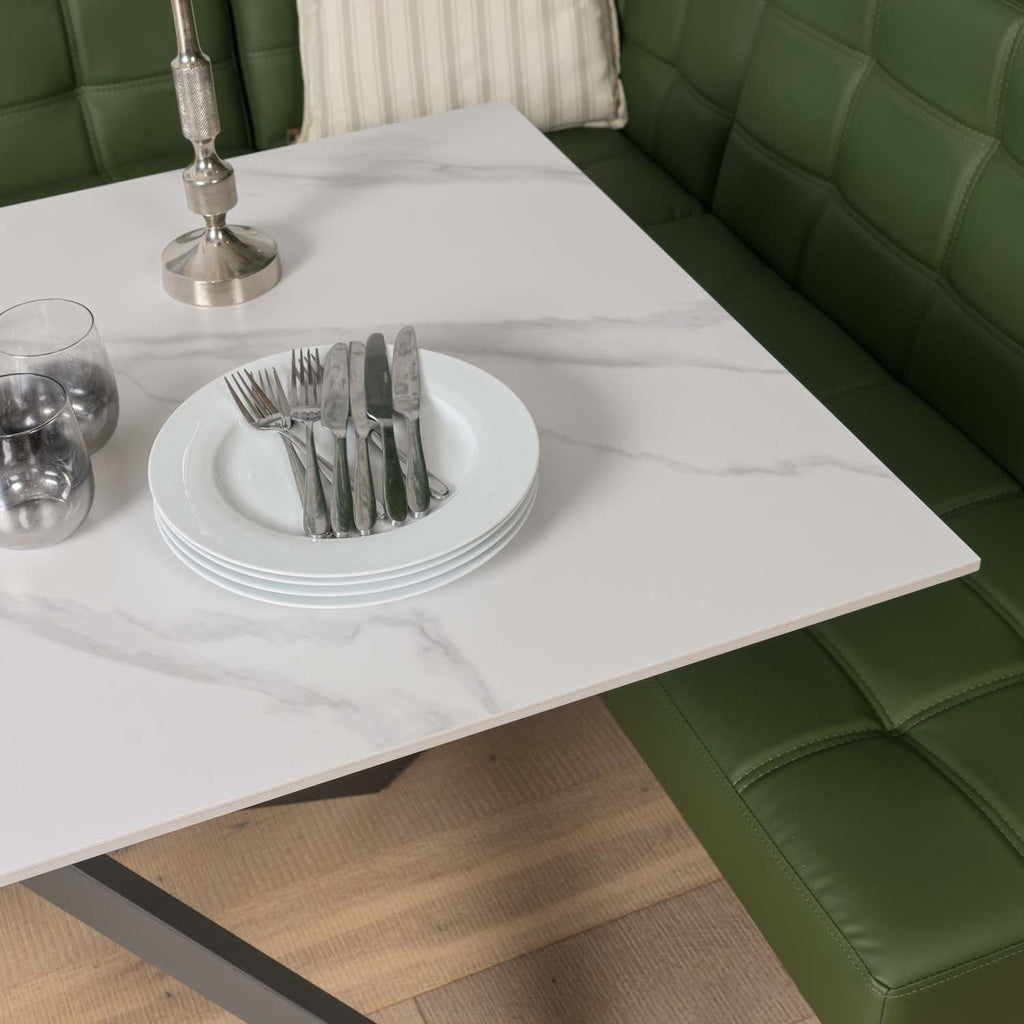 Saturn 135cm Dining Table White & Rubix Corner Bench in Olive Green
