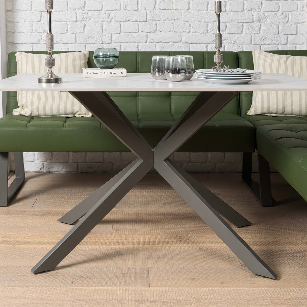 Saturn 135cm Dining Table White & Rubix Corner Bench in Olive Green