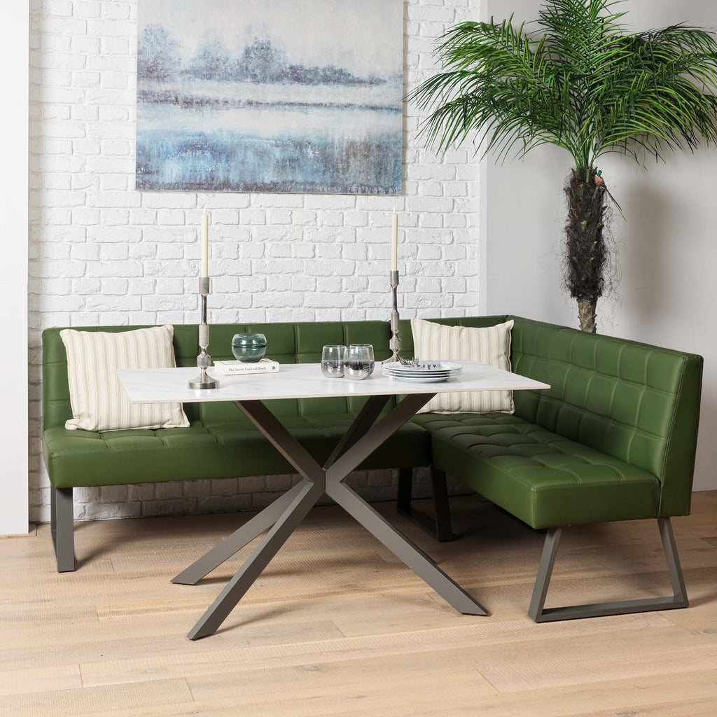 Saturn 135cm Dining Table White & Rubix Corner Bench in Olive Green